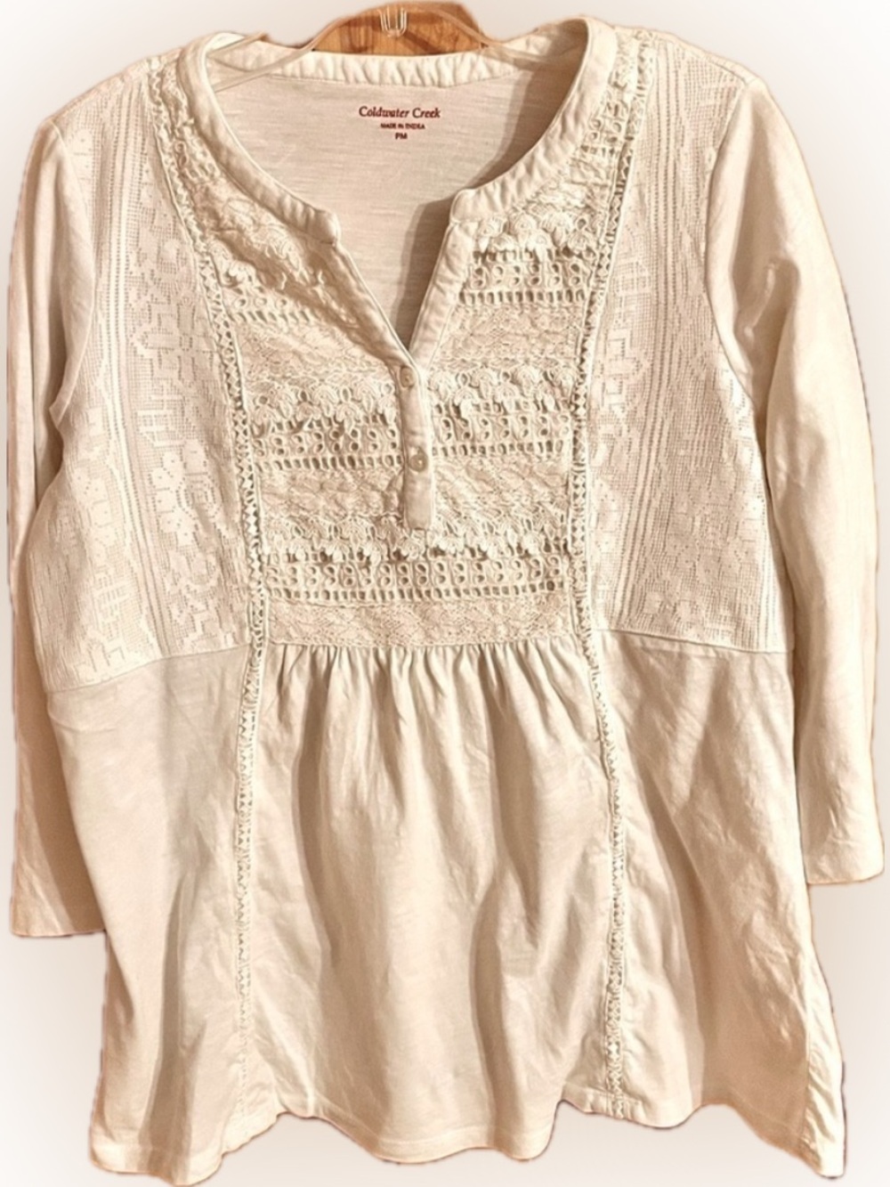 Coldwater Creek White Battenburg Lace Cotton Boho Peasant Tunic Blouse Petite M